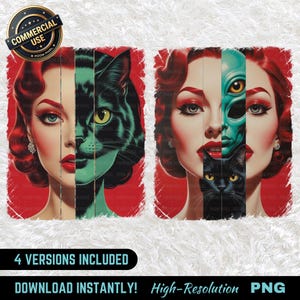 Może przedstawiać: Dwa cyfrowe wydruki artystyczne na czerwonym tle. Jeden wydruk przedstawia twarz kobiety podzieloną z zielonym kotem. Drugi wydruk przedstawia twarz kobiety podzieloną z obcym i czarnym kotem. Wydruki są oznaczone jako "4 VERSIONS INCLUDED" i "DOWNLOAD INSTANTLY! High-Resolution PNG".