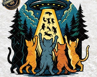 Cat UFO-ontvoering PNG SVG, grappige sci-fi ruimte afbeelding, buitenaardse ruimteschip katten clipart, sci-fi kattenliefhebber, ruimtethema instant digitale download