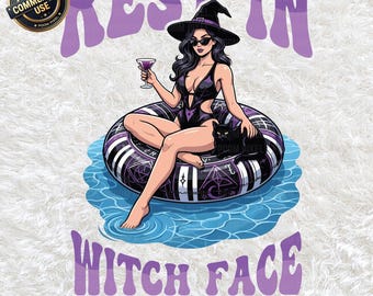 Riposa in pace, faccia da strega PNG SVG, sexy strega galleggiante per piscina gatto nero clipart di Halloween, estate spettrale sublimazione, estate stregata Halloween download digitale