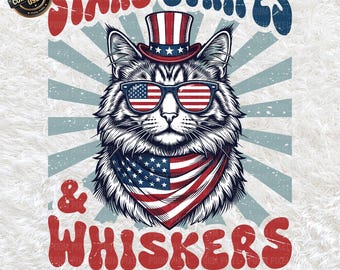 Gatto patriottico con stelle, strisce e baffi PNG SVG, gattino con bandiera USA per il 4 luglio, sublimazione americana, download digitale per il Giorno dell'Indipendenza