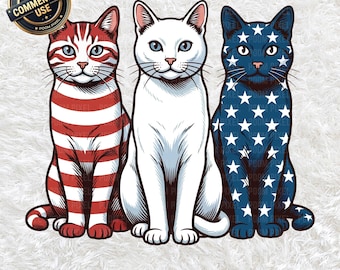 Trio di gatti patriottici PNG SVG, gattini con bandiera USA per il 4 luglio, sublimazione americana, regalo per amanti dei gatti, download digitale per il Giorno dell'Indipendenza