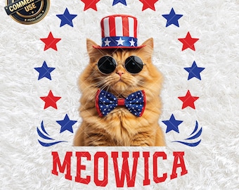 Meowica Cat PNG, Patriotic 4th of July Cat Art, Funny Cat Digital Download, USA Themed Cat Clipart, Independence Day Digital Download