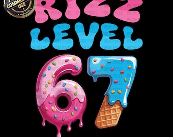 May include: A digital graphic with the words "RIZZ LEVEL 67" in pink and blue bubble letters. The number 6 is designed as a pink donut with sprinkles, and the number 7 is an ice cream cone with blue frosting. The image is on a black background.