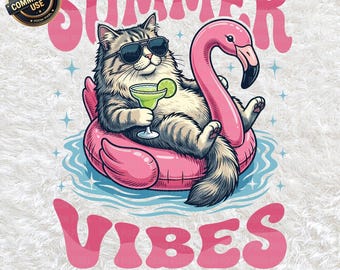 Gatto con vibrazioni estive PNG SVG, Divertente gattino fenicottero galleggiante per piscina Margarita Clipart, Sublimazione cocktail per vacanze al mare, Download digitale per amanti dei gatti