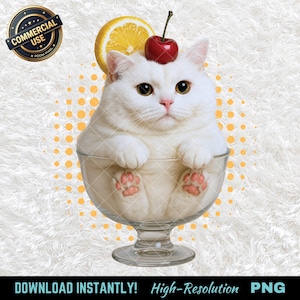 Carino gatto bianco dessert PNG, gatto kawaii in una ciotola di gelato Clipart, regalo per gli amanti dei gatti e del gelato, divertente adorabile gatto download digitale