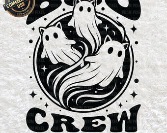 Boo Crew Ghost Cat PNG SVG, Divertente clipart di gattino di Halloween, Simpatica sublimazione per la stagione spettrale, Regalo per amanti dei gatti, Download digitale retrò di Halloween
