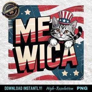 Chat Meowica PNG, 4 juillet chaton Sublimation Design, téléchargement numérique félin sur le thème des États-Unis, clipart mignon chat patriotique, chat de la fête de l&#39;indépendance