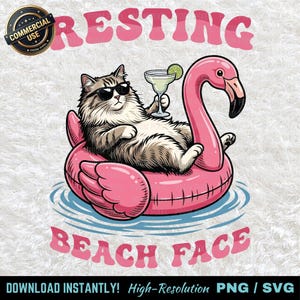 Puede incluir: Ilustración gráfica de un gato con gafas de sol, descansando en un flotador de flamenco rosa, sosteniendo un cóctel. Las palabras "RESTING" y "BEACH FACE" están en rosa. Una insignia de uso comercial está en la esquina superior izquierda.