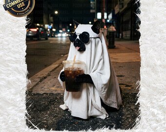 Immagine PNG di un gatto fantasma nel caffè freddo, divertente clipart di un gatto nero di Halloween, simpatica sublimazione per la stagione spettrale, regalo per amanti dei gatti, download digitale di Halloween