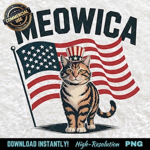 Chat Meowica PNG, art patriotique chat du 4 juillet, téléchargement numérique félin patriotique, clipart chat sur le thème des États-Unis, téléchargement numérique jour de l&#39;indépendance