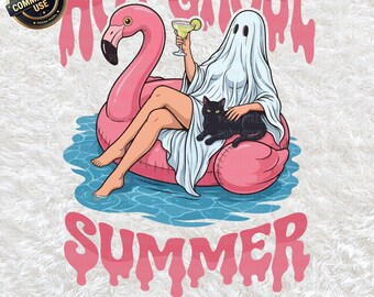 Hot Ghoul Summer PNG SVG, Divertente Halloween Fantasma Fenicottero Galleggiante Piscina Spiaggia Clipart, Stagione Spettrale Sublimazione, Summerween Download Digitale