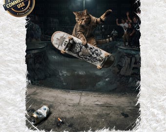 Immagine PNG di un gatto fantastico sullo skateboard, clipart divertente di un gatto Indy Grab, grafica per skate bowl, sublimazione per skateboard, regalo per skater, download digitale per amanti dei gatti