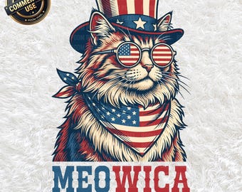 Meowica Gatto Patriottico PNG SVG, Gattino con Bandiera USA 4 luglio Clipart, Sublimazione Americana, Regalo per amanti dei gatti, Download digitale per il Giorno dell'Indipendenza
