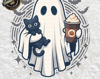 Fantasma Gatto Nero Latte Speziato alla Zucca PNG SVG, Simpatica Clipart di Halloween, Divertente Sublimazione Spettrale, Regalo per Amante dei Gatti, Caffè Autunnale Download Digitale