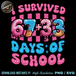 May include: A black graphic with the text "SURVIVED 67+33 DAYS OF SCHOOL" in pink and blue bubble letters. The numbers are designed as ice cream cones and donuts. The background has a pink and white checkered pattern.