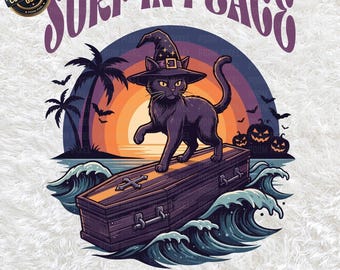 Surf In Peace Witch Cat Coffin PNG SVG, Halloween Black Cat Surfing Clipart, Spooky Beach Sunset Sublimation, Halloween Digital Download