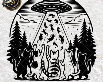 Cat UFO Abduction PNG SVG, Funny Sci-Fi Space Graphic, Alien Spaceship Cats Vector, Sci-Fi Cat Lover, Space Themed Instant Digital Download
