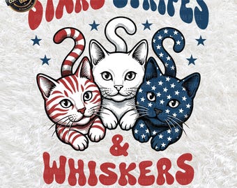 Gatto patriottico con stelle, strisce e baffi PNG SVG, gattini con bandiera USA per il 4 luglio, Americana, Giorno dell'Indipendenza, download digitale per amanti dei gatti
