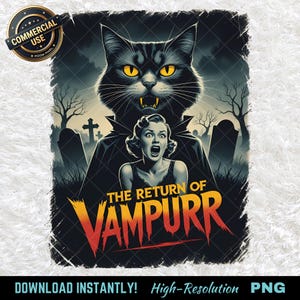 Op de afbeelding: Een vintage poster met een zwarte kat met felgele ogen en hoektanden die uitkijkt over een schreeuwende vrouw. De titel "THE RETURN OF VAMPURR" is in oranje en geel. De achtergrond toont een kerkhof.