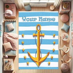 Nautical Rug, Anchor Carpet, Custom Name Rug, Ocean Theme Decor, Beach House Rug, Kids Room Carpet, Coastal Living, Personalized Area Rug