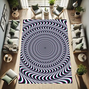 May include: Black and white rug with a swirling, hypnotic pattern. The pattern is made up of concentric circles with a white background and black lines. The rug is perfect for adding a touch of modern style to any room.