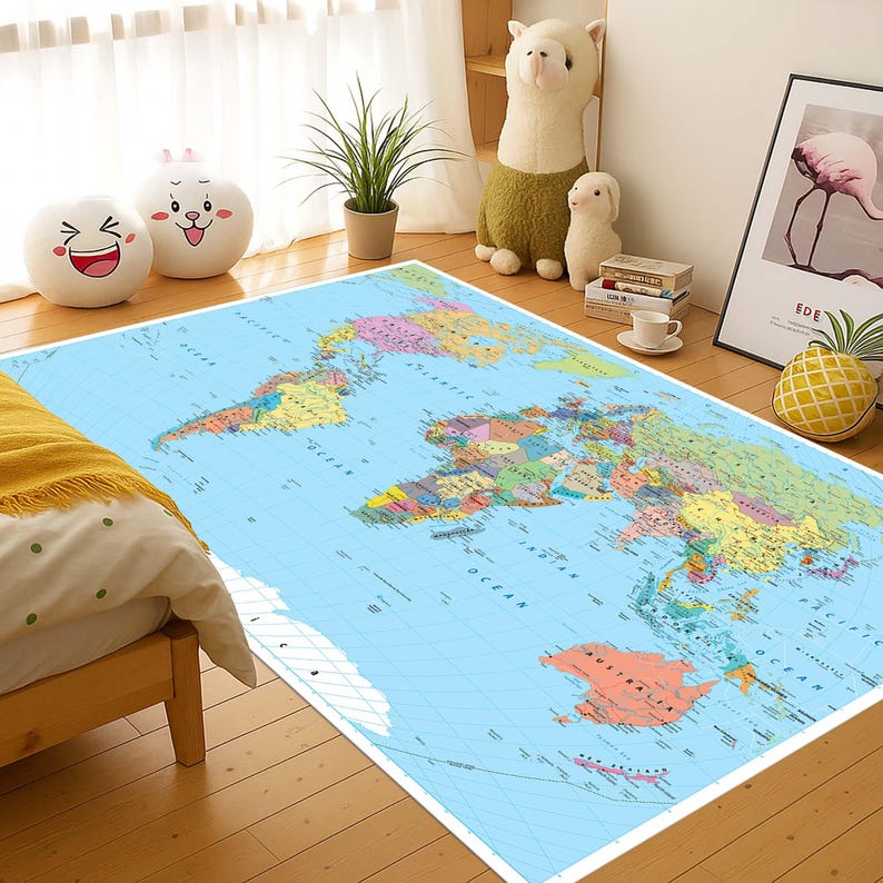 World Map Rug, Educational Mat, Geography Carpet, Kids Learning Rug ...