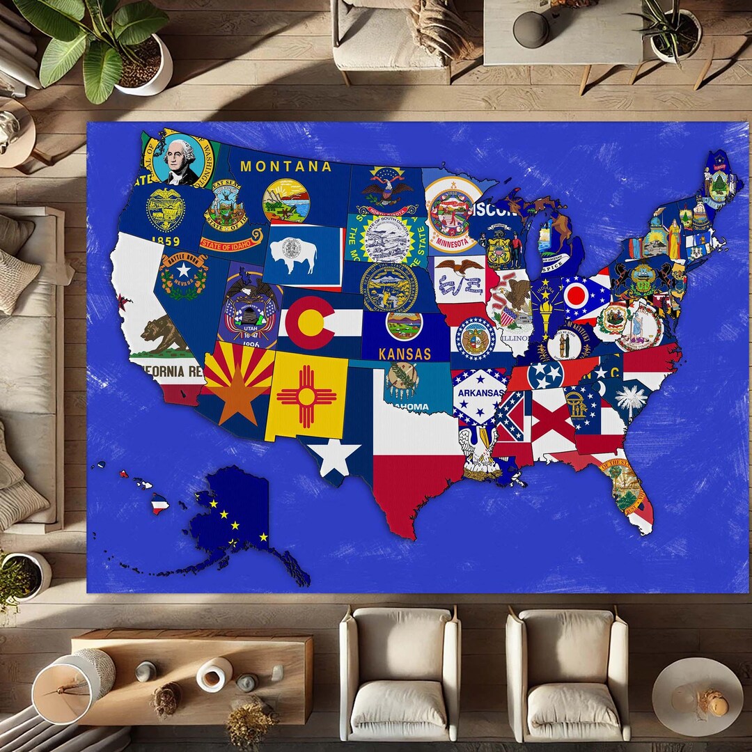USA State Flags Rug, American States Carpet, Educational Map Mat ...