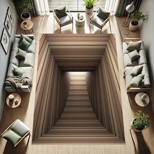 Könnte beinhalten: Draufsicht auf ein Wohnzimmer mit zwei Sofas, Sesseln und einem einzigartigen Teppich. Der Teppich zeigt ein 3D-Tunneldesign in Brauntönen, das eine optische Täuschung erzeugt. Der Raum ist mit Pflanzen und Möbeln in neutralen Farbtönen eingerichtet.
