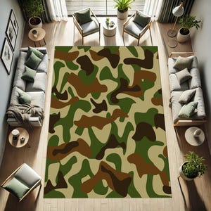 May include: A large rectangular area rug with a camouflage pattern in shades of green, brown, and tan. The rug is placed in a living room setting, surrounded by furniture and decor.