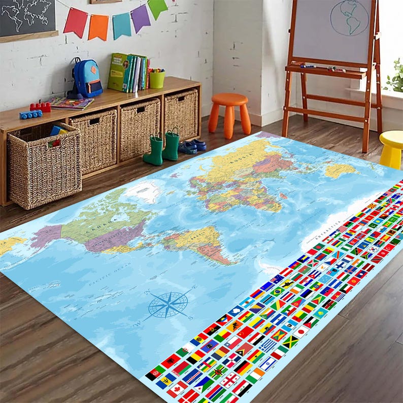 World Map With Flags, Educational Geography Rug, Kids Learning Carpet ...