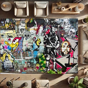May include: A colorful rug with a graffiti-style design featuring a cartoon duck, a soldier-like figure, and a portrait of a person. The rug has a brick-like background with various words and phrases written on it, including "I Want Change".