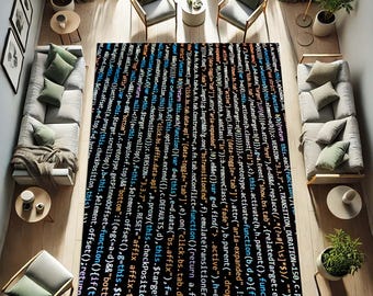 Programming code rug, stylish developer, tech-inspired decor, black and colorful syntax design, unique gift for coders, modern workspace mat
