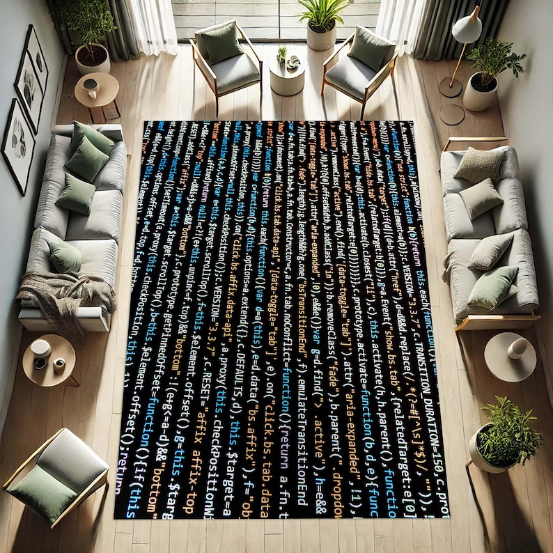 May include: A black and white rug featuring a code pattern. The code is displayed in various colours, including blue, green, orange, and yellow. This rug would be ideal for a modern or minimalist home.