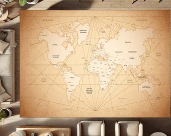 May include: A large, rectangular world map rug with a vintage aesthetic. The map features continents, oceans, and country names in a neutral color palette. The rug is placed on a wooden floor, with furniture and plants surrounding it.