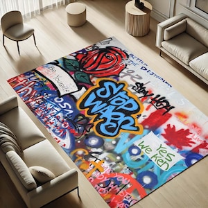 Tapis graffiti urbain street art, décoration Stop Wars, tapis de sol de salon contemporain, tapis expression artistique, tapis de chambre d'adolescent