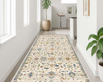 Floral Runner Rug, Hallway Carpet, Vintage Boho Mat, Traditional Entry Rug, Elegant Long Rug, Classic Decor Mat, Antique Look Rug