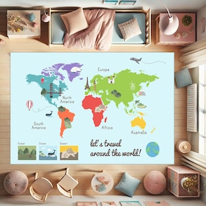 Kids World Map, Travel Rug, Educational Carpet, Learning Mat, Kids Room Decor, Geography Rug, Play Mat, Fun World Map, Toddler Carpet