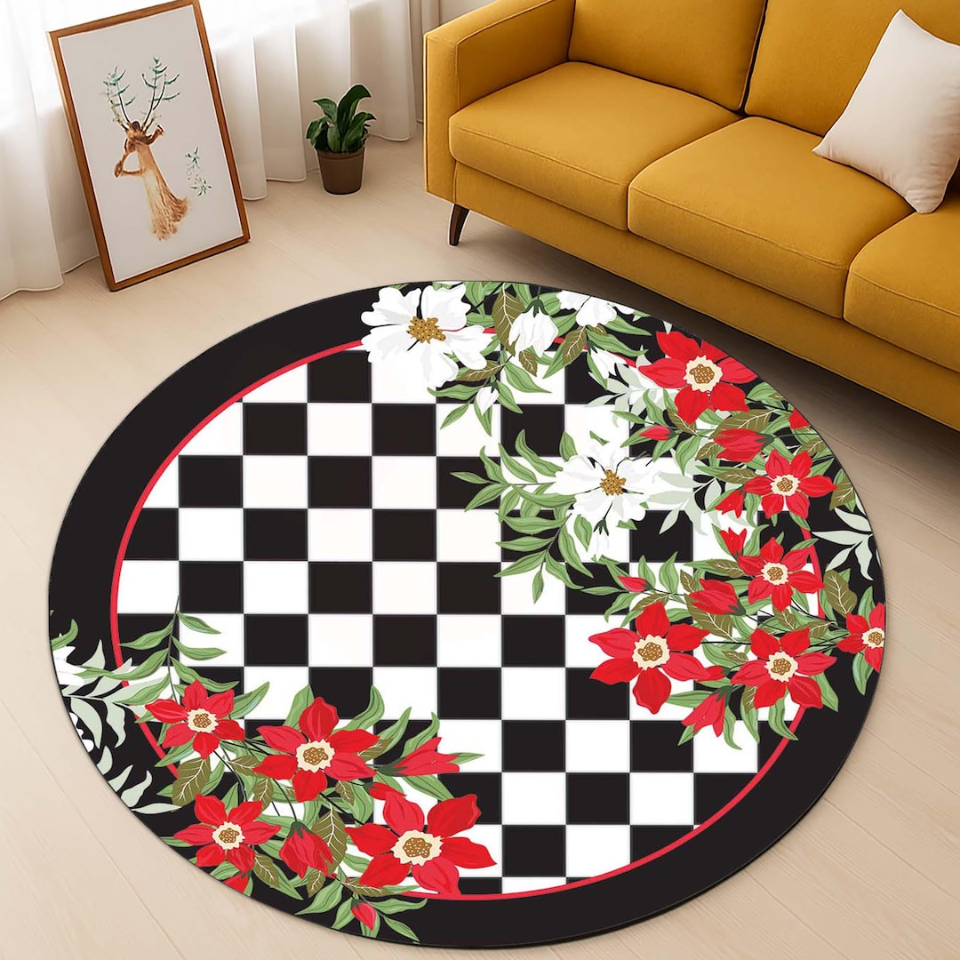 Floral Round Floor Rug, Checker Flower Rug, Black White Floral Mat ...