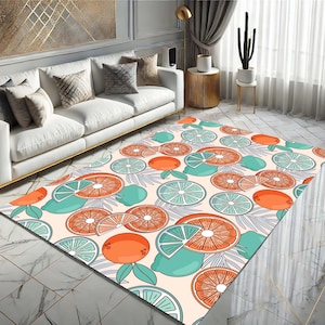 Fruit Pattern Citrus Rug, Orange Lemon Decor, Summer Vibes Carpet, Tropical Living Room Rug, Colorful Fruit Mat, Fresh Kitchen Decor