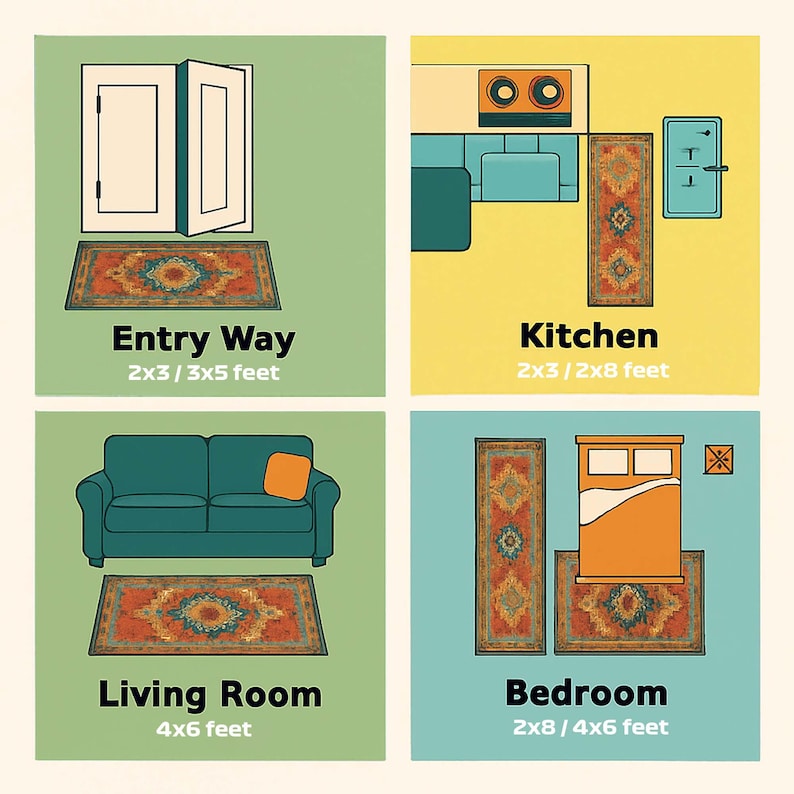 May include: Diagram of rugs in different rooms: entry way, kitchen, living room, and bedroom. Each room shows a rug with dimensions in feet. The entry way rug is 2x3/3x5 feet. The kitchen rug is 2x3/2x8 feet. The living room rug is 4x6 feet. The bedroom rug is 2x8/4x6 feet.