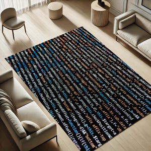 May include: A black and blue rug with a code pattern. The rug is on a wooden floor with two white sofas and a white stool.
