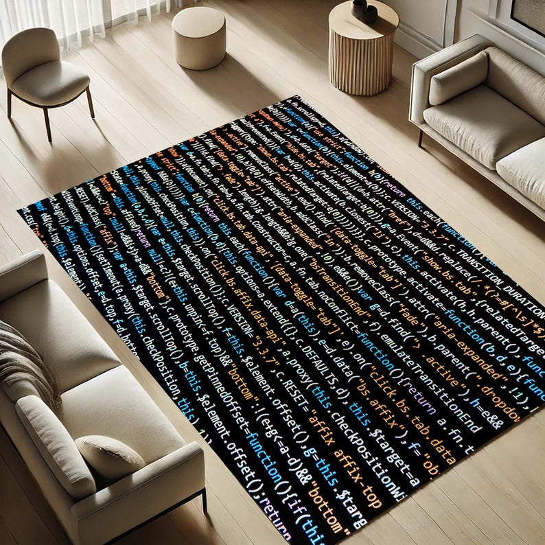 May include: A black and blue rug with a code pattern. The rug is on a wooden floor with two white sofas and a white stool.