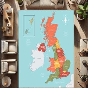 United Kingdom Map Rug, Britain Map Decor, Educational UK Rug