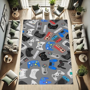 Może przedstawiać: Szary dywan z powtarzającym się wzorem kolorowych kontrolerów do gier wideo. Kontrolery są w różnych stylach i kolorach, w tym niebieskim, czerwonym, zielonym i czarnym.