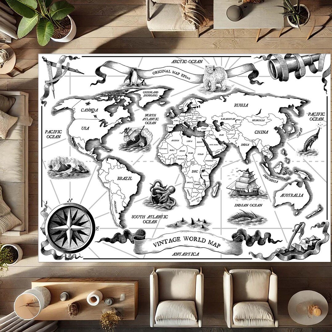 World Explorer Rug World Map Vintage Carpet, Antique Globe Mat, Explorer Room Rug, Old ...