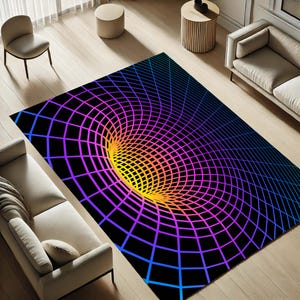 May include: A rectangular area rug with a vibrant, geometric design. The rug features a black background with a colorful, swirling pattern in shades of blue, purple, orange, and yellow, creating a 3D effect. The rug is placed on a light-colored wooden floor.