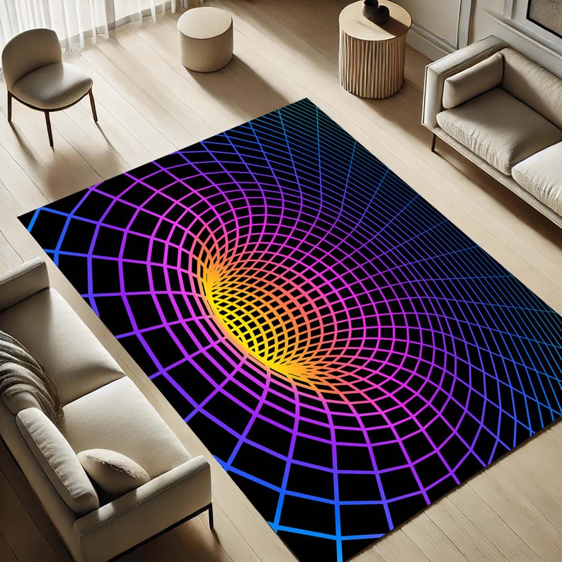 May include: A rectangular area rug with a vibrant, geometric design. The rug features a black background with a colorful, swirling pattern in shades of blue, purple, orange, and yellow, creating a 3D effect. The rug is placed on a light-colored wooden floor.