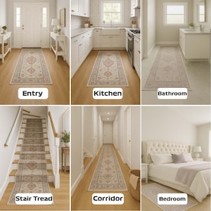 May include: A collection of beige and red patterned rugs displayed in various home settings, including an entry, kitchen, bathroom, stair tread, corridor, and bedroom. Each rug features a central medallion design and a border.