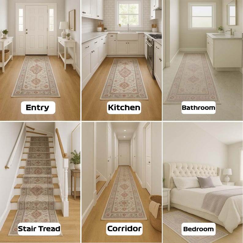 May include: A collection of beige and red patterned rugs displayed in various home settings, including an entry, kitchen, bathroom, stair tread, corridor, and bedroom. Each rug features a central medallion design and a border.
