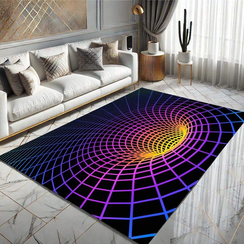 May include: A rectangular area rug with a black background and a vibrant, colorful design. The rug features a grid pattern that creates a 3D effect, with a gradient of colors from blue to purple to yellow. The rug is placed on a marble floor.